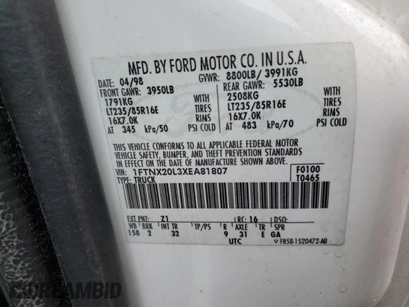 1999 Ford F-250 XL with VIN 1FTNX20L3XEA81807, listed as a Copart auction lot 58036385 with 251,614 mi miles and Salvage title. Bid and sale history available at DreamBid. Image 12.