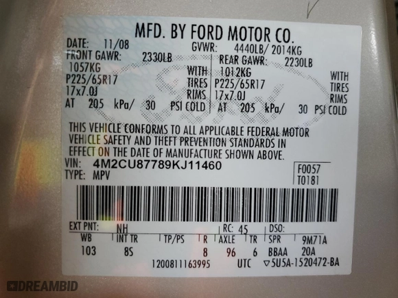 2009 Mercury Mariner Premier with VIN 4M2CU87789KJ11460, listed as a Copart auction lot 51702805 with 191,497 mi miles and Clean Title. Bid and sale history available at carsss.com. Image 12.