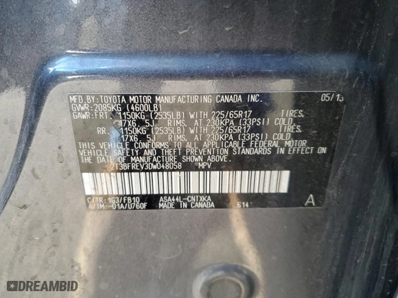 2013 Toyota RAV4 LE with VIN 2T3BFREV3DW048058, listed as a Copart auction lot 53457555 with 217,883 mi miles and Salvage Title. Bid and sale history available at carsss.com. Image 16.