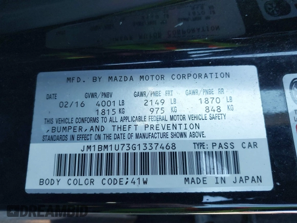 2016 Mazda 3 i Sport with VIN JM1BM1U73G1337468, listed as a IAAI auction lot 41824105 with 96,959 mi miles. Bid and sale history available at carsss.com. Image 9.