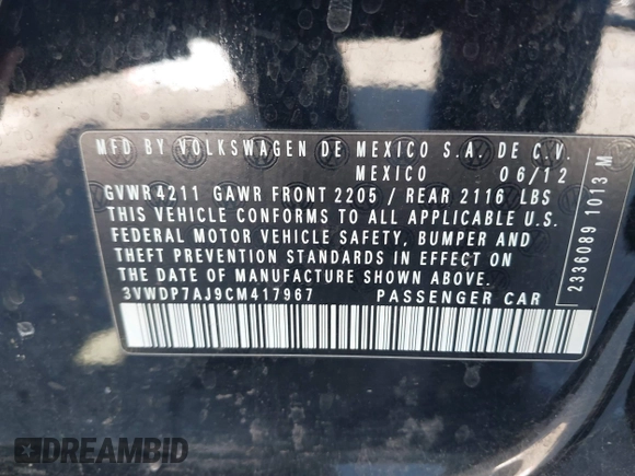2012 Volkswagen Jetta SE with VIN 3VWDP7AJ9CM417967, listed as a IAAI auction lot 41385194 with 222,344 mi miles and . Bid and sale history available at DreamBid. Image 9.