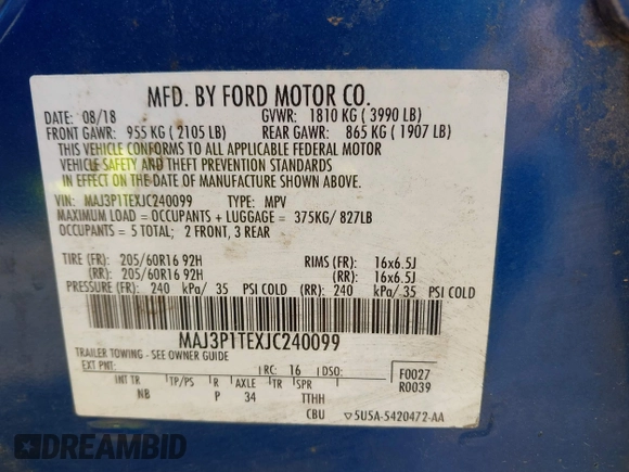 2018 Ford EcoSport SE with VIN MAJ3P1TEXJC240099, listed as a IAAI auction lot 41912970 with 92,940 mi miles. Bid and sale history available at carsss.com. Image 9.