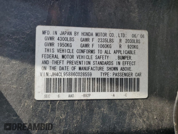 2006 Acura TSX z VIN JH4CL95886C028559, wystawiony jako Copart lot #62425295 z przebiegiem 183 079 mil mil oraz Czysty tytuł • Clean title. Historia ofert i sprzedaży dostępna na DreamBid. Obrazek 12.