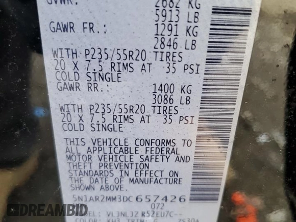 2013 Nissan Pathfinder SV with VIN 5N1AR2MM3DC657426, listed as a Copart auction lot 50392075 with 115,961 mi miles and Salvage Title. Bid and sale history available at carsss.com. Image 13.