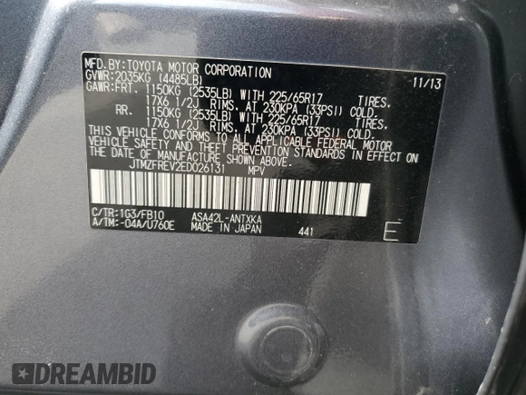 2014 Toyota RAV4 LE z VIN JTMZFREV2ED026131, wystawiony jako Copart lot #59694705 z przebiegiem 56 798 mil mil oraz Szkoda całkowita • Salvage title. Historia ofert i sprzedaży dostępna na DreamBid. Obrazek 13.