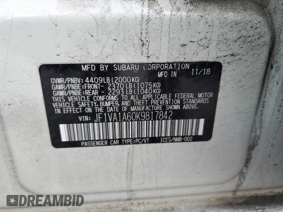 2019 Subaru WRX with VIN JF1VA1A60K9817842, listed as a Copart auction lot 42127885 with 139,210 mi miles and Salvage Title. Bid and sale history available at carsss.com. Image 13.
