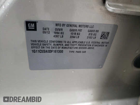 2013 Chevrolet Malibu LT with VIN 1G11C5SA0DF161300, listed as a Copart auction lot 54209625 with 191,549 mi miles and Salvage Title. Bid and sale history available at DreamBid. Image 12.