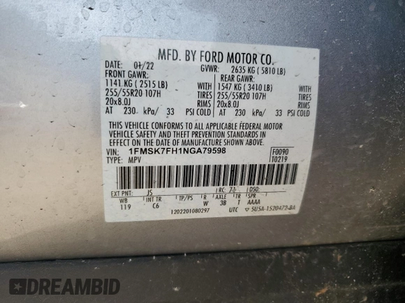2022 Ford Explorer Limited with VIN 1FMSK7FH1NGA79598, listed as a Copart auction lot 45244325 with 56,275 mi miles and Salvage Title. Bid and sale history available at carsss.com. Image 15.