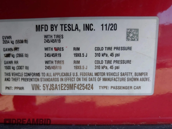 2021 Tesla Model S Long Range Plus с VIN 5YJSA1E29MF425424, выставлен на аукционе IAAI как лот 41745793 с пробегом 83 817 миль миль и . История ставок и продаж доступна на DreamBid. Изображение 9.