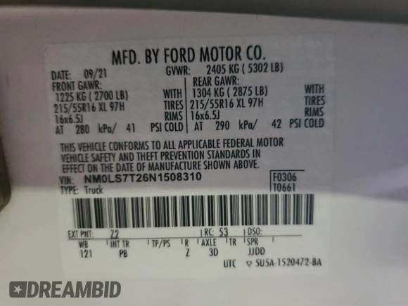 2022 Ford Transit Connect XLT with VIN NM0LS7T26N1508310, listed as a Copart auction lot 54691745 with 292,133 mi miles and Clean title. Bid and sale history available at DreamBid. Image 13.