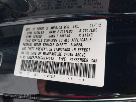 2012 Honda Accord SE z VIN 1HGCP2F66CA194145, wystawiony jako IAAI lot #39689581 z przebiegiem 221 371 mil mil oraz . Historia ofert i sprzedaży dostępna na DreamBid. Obrazek 9.