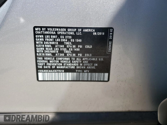 2018 Volkswagen Atlas SE with VIN 1V2LR2CA6JC577519, listed as a Copart auction lot 61823185 with 143,254 mi miles and Salvage title. Bid and sale history available at DreamBid. Image 13.
