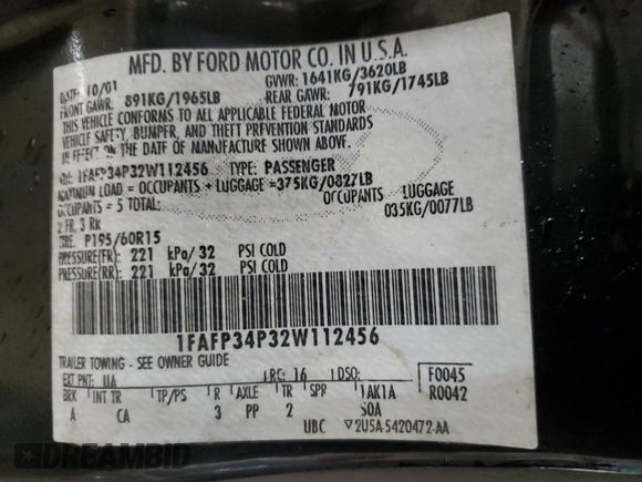 2002 Ford Focus SE with VIN 1FAFP34P32W112456, listed as a Copart auction lot 44006775 with 153,537 mi miles and Salvage Title. Bid and sale history available at carsss.com. Image 13.