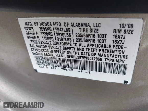 2009 Honda Odyssey EX-L with VIN 5FNRL38759B022866, listed as a IAAI auction lot 42200965 with 145,641 mi miles and . Bid and sale history available at DreamBid. Image 9.