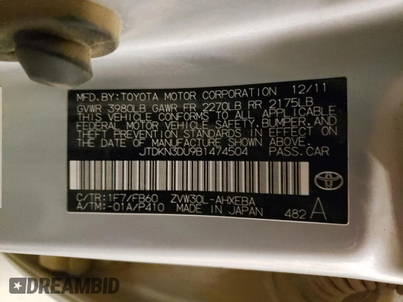 2011 Toyota Prius I with VIN JTDKN3DU9B1474504, listed as a Copart auction lot 53330175 with 81,294 mi miles and Salvage Title. Bid and sale history available at DreamBid. Image 12.