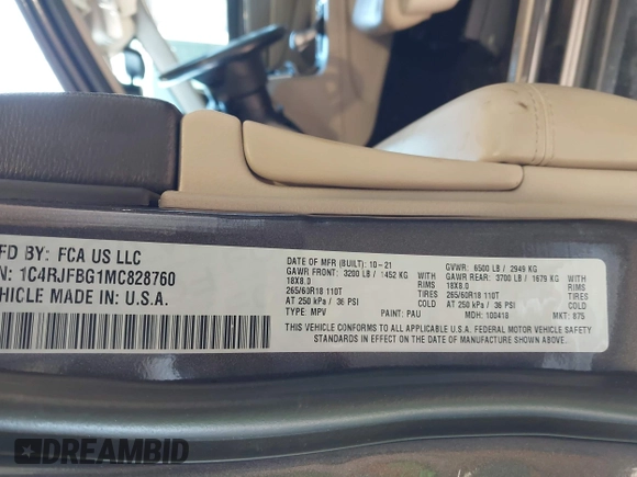 2021 Jeep Grand Cherokee 80th Anniversary с VIN 1C4RJFBG1MC828760, выставлен на аукционе IAAI как лот 42029388 с пробегом 51 287 миль миль и . История ставок и продаж доступна на DreamBid. Изображение 9.