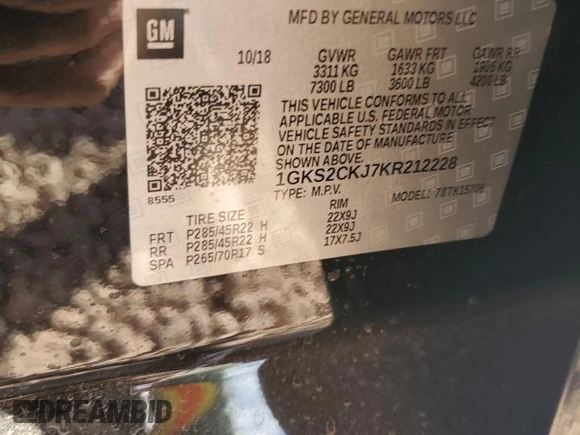 2019 GMC Yukon Denali with VIN 1GKS2CKJ7KR212228, listed as a Copart auction lot 46099615 with 33,844 mi miles and Salvage Title. Bid and sale history available at carsss.com. Image 13.