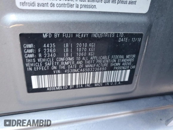 2011 Subaru Legacy 2.5i with VIN 4S3BMCA65B3236890, listed as a Copart auction lot 88783995 with 78,726 mi miles and Salvage title. Bid and sale history available at DreamBid. Image 12.