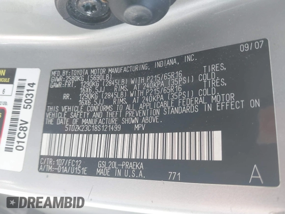 2008 Toyota Sienna CE with VIN 5TDZK23C18S121499, listed as a IAAI auction lot 42017416 with 204,078 mi miles. Bid and sale history available at carsss.com. Image 9.