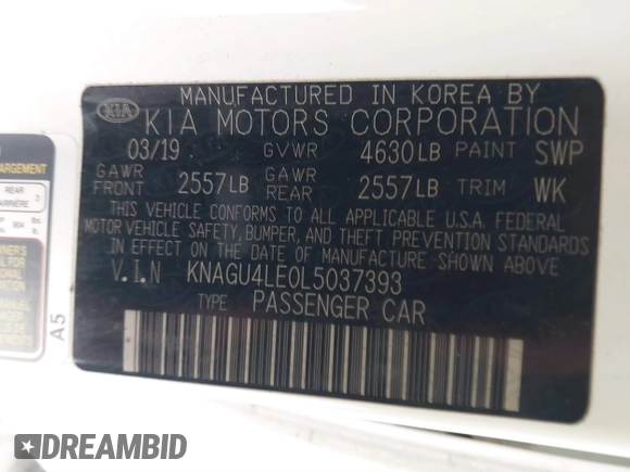 2020 Kia Optima Hybrid EX with VIN KNAGU4LE0L5037393, listed as a IAAI auction lot 41507670 with 54,928 mi miles. Bid and sale history available at carsss.com. Image 9.