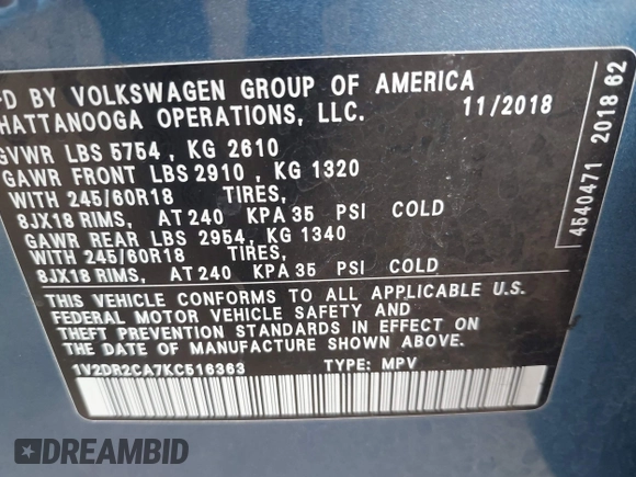 2019 Volkswagen Atlas SE with VIN 1V2DR2CA7KC516363, listed as a IAAI auction lot 42097219 with 92,152 mi miles and . Bid and sale history available at DreamBid. Image 9.