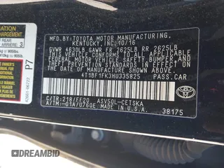 2017 Toyota Camry XLE with VIN 4T1BF1FK3HU335825, listed as a IAAI auction lot 41281060 with 301,204 mi miles and . Bid and sale history available at DreamBid. Image 9.