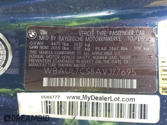 2010 BMW 1 Series 128i with VIN WBAUL7C58AVJ77695, listed as a IAAI auction lot 41938031 with Not provided miles and . Bid and sale history available at DreamBid. Image 9.