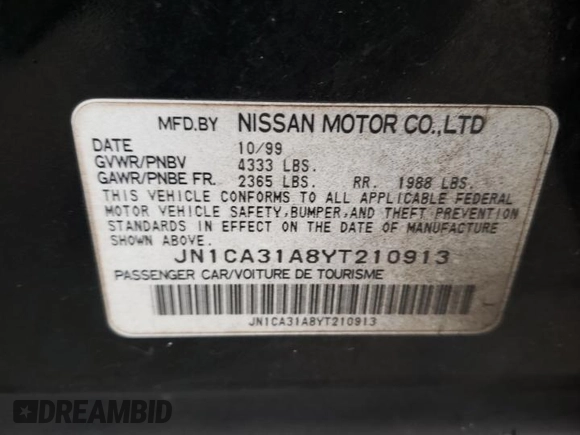 2000 Nissan Maxima GXE z VIN JN1CA31A8YT210913, wystawiony jako Copart lot #56272455 z przebiegiem 281 645 mil mil oraz Nie do naprawy • Non repairable. Historia ofert i sprzedaży dostępna na DreamBid. Obrazek 12.