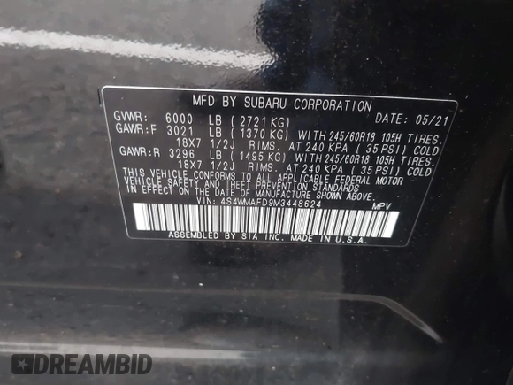2021 Subaru Ascent Premium with VIN 4S4WMAFD9M3448624, listed as a IAAI auction lot 42289311 with 62,237 mi miles and . Bid and sale history available at DreamBid. Image 9.