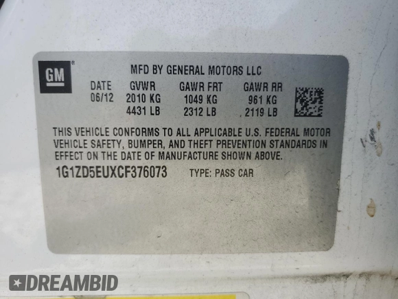 2012 Chevrolet Malibu 2LT with VIN 1G1ZD5EUXCF376073, listed as a Copart auction lot 54175775 with 153,408 mi miles and Salvage Title. Bid and sale history available at DreamBid. Image 13.