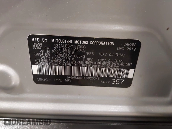 2020 Mitsubishi Outlander ES z VIN JA4AR3AU1LU020245, wystawiony jako IAAI lot #42155598 z przebiegiem 70 249 mil mil oraz . Historia ofert i sprzedaży dostępna na DreamBid. Obrazek 9.