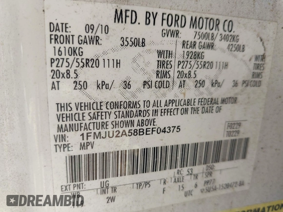 2011 Ford Expedition Limited with VIN 1FMJU2A58BEF04375, listed as a IAAI auction lot 41996885 with 194,621 mi miles and . Bid and sale history available at DreamBid. Image 9.
