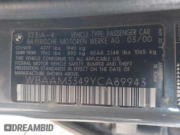 2000 BMW 3 Series 323i z VIN WBAAM3349YCA89943, wystawiony jako IAAI lot #41601117 z przebiegiem 177 726 mil mil oraz . Historia ofert i sprzedaży dostępna na DreamBid. Obrazek 9.