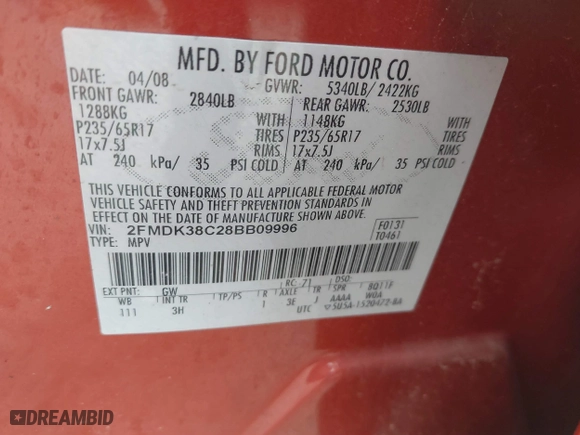 2008 Ford Edge SEL with VIN 2FMDK38C28BB09996, listed as a IAAI auction lot 41877516 with 188,960 mi miles. Bid and sale history available at carsss.com. Image 9.