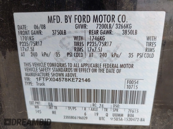 2008 Ford F-150 XLT with VIN 1FTPX04578KE72146, listed as a IAAI auction lot 42662856 with 205,813 mi miles and . Bid and sale history available at DreamBid. Image 9.