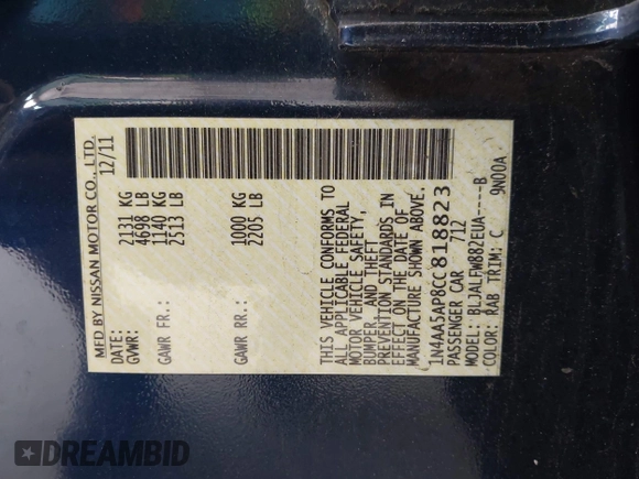 2012 Nissan Maxima SV with VIN 1N4AA5AP8CC818823, listed as a IAAI auction lot 42428594 with 107,054 mi miles and . Bid and sale history available at DreamBid. Image 9.