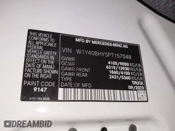 2023 Mercedes-Benz Sprinter Cargo Cargo with VIN W1Y40BHY5PT157048, listed as a IAAI auction lot 40339280 with 33,725 mi miles and . Bid and sale history available at DreamBid. Image 9.