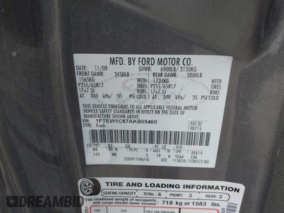 2010 Ford F-150 XL with VIN 1FTEW1C87AKB05460, listed as a IAAI auction lot 41734786 with 198,395 mi miles. Bid and sale history available at carsss.com. Image 9.