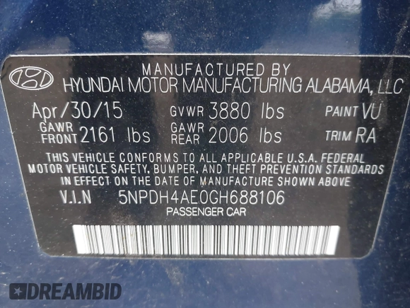 2016 Hyundai Elantra SE with VIN 5NPDH4AE0GH688106, listed as a IAAI auction lot 42208887 with 197,893 mi miles and . Bid and sale history available at DreamBid. Image 9.