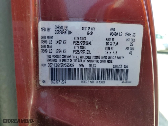 1994 Dodge Ram 1500 with VIN 3B7HC16Y5RM565433, listed as a Copart auction lot 50500245 with 146,722 mi miles and Salvage Title. Bid and sale history available at carsss.com. Image 12.