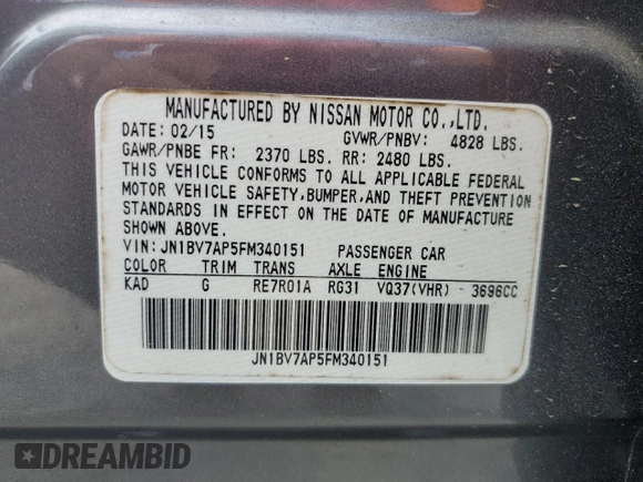 2015 Infiniti Q50 Premium with VIN JN1BV7AP5FM340151, listed as a Copart auction lot 55760705 with 113,794 mi miles and Clean Title. Bid and sale history available at DreamBid. Image 13.