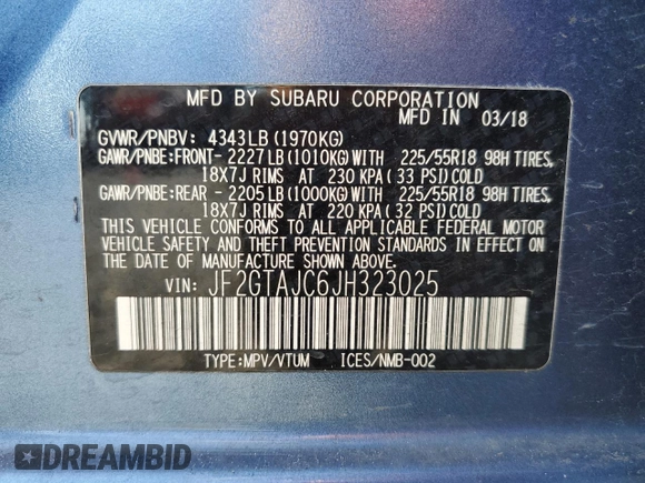 2018 Subaru Crosstrek Limited with VIN JF2GTAJC6JH323025, listed as a Copart auction lot 57063615 with 94,277 mi miles and Salvage title. Bid and sale history available at DreamBid. Image 13.