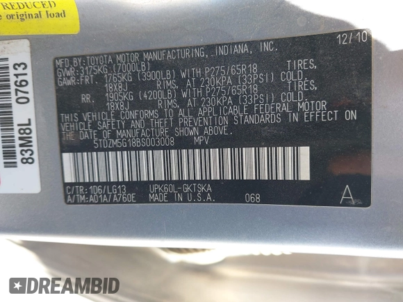 2011 Toyota Sequoia SR5 with VIN 5TDZM5G18BS003008, listed as a IAAI auction lot 42014008 with 220,259 mi miles. Bid and sale history available at carsss.com. Image 8.