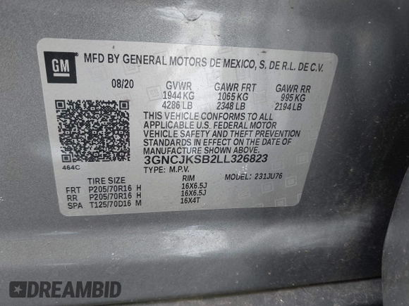2020 Chevrolet Trax LS with VIN 3GNCJKSB2LL326823, listed as a IAAI auction lot 42103386 with 33,241 mi miles and . Bid and sale history available at carsss.com. Image 9.