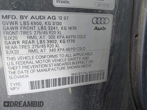2008 Audi Q7 4.2L Premium with VIN WA1EV74L88D040698, listed as a IAAI auction lot 41824944 with 229,275 mi miles. Bid and sale history available at carsss.com. Image 9.