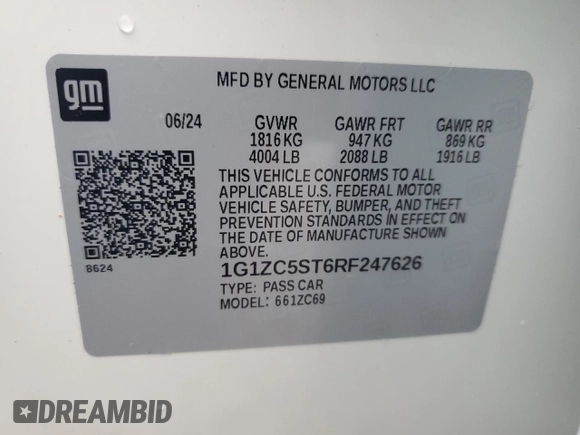 2024 Chevrolet Malibu LS with VIN 1G1ZC5ST6RF247626, listed as a Copart auction lot 79669504 with Not Provided miles and Salvage Title. Bid and sale history available at DreamBid. Image 12.