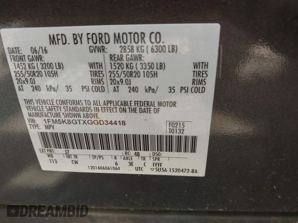 2016 Ford Explorer Sport with VIN 1FM5K8GTXGGD34418, listed as a IAAI auction lot 42623694 with 119,808 mi miles and . Bid and sale history available at DreamBid. Image 9.