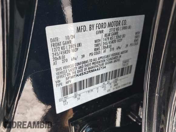 2024 Ford Mustang Mach-E GT z VIN 3FMTK4SX2RMA42734, wystawiony jako IAAI lot #41972888 z przebiegiem 3 378 mil mil oraz . Historia ofert i sprzedaży dostępna na DreamBid. Obrazek 9.