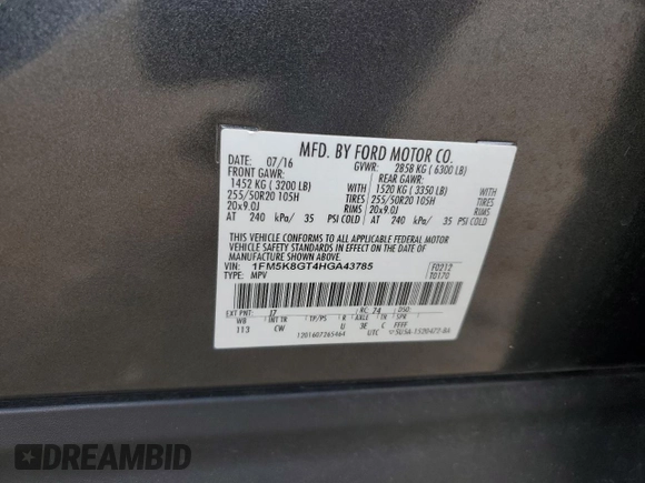 2017 Ford Explorer Sport с VIN 1FM5K8GT4HGA43785, выставлен на аукционе Copart как лот 60222835 с пробегом 108 091 миль миль и Списание • Salvage title. История ставок и продаж доступна на DreamBid. Изображение 14.