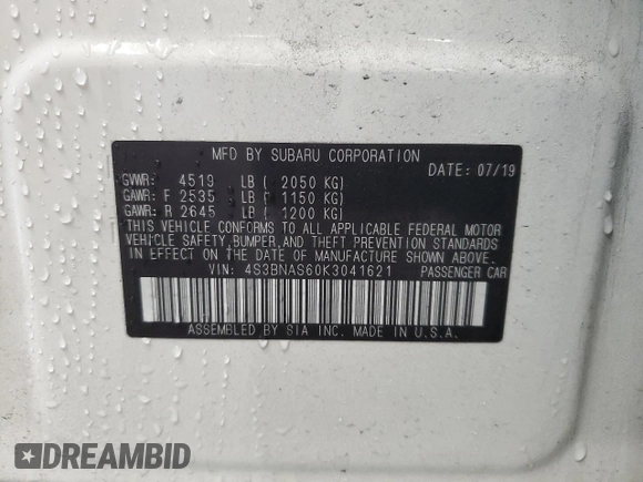 2019 Subaru Legacy Sport with VIN 4S3BNAS60K3041621, listed as a Copart auction lot 83895884 with 80,793 mi miles and Salvage Title. Bid and sale history available at carsss.com. Image 12.